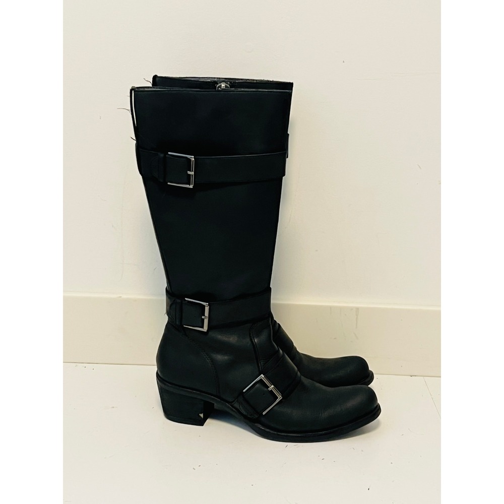 Cole Haan G Series Boots Womens 7.5 Black Leather Tall Moto Buckle Straps Biker